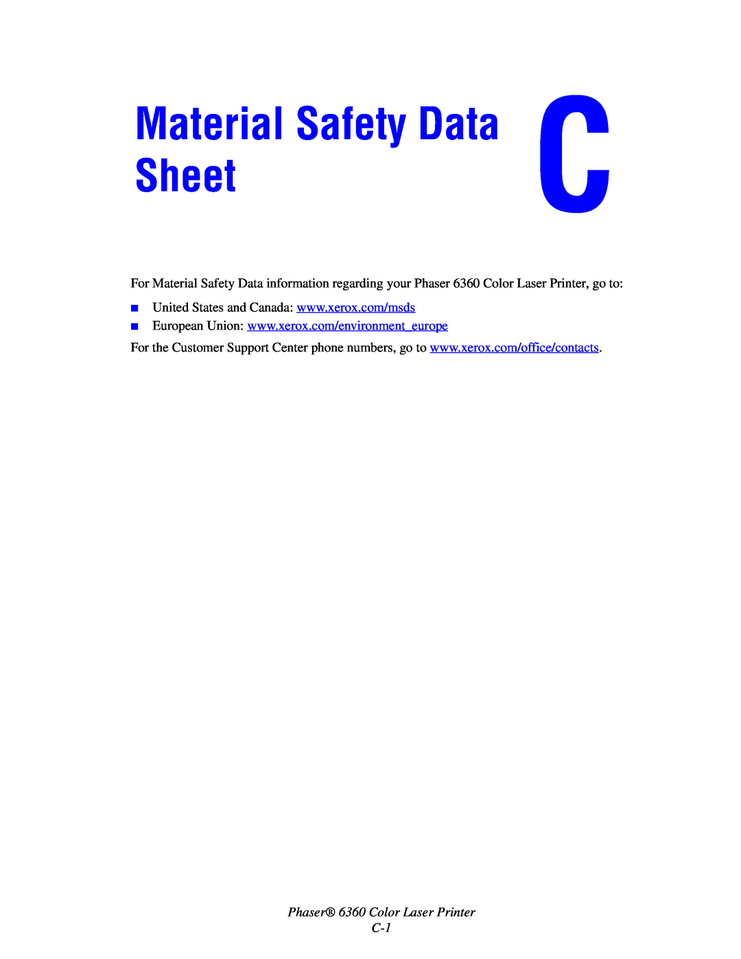 Xerox manual Material Safety Data Sheet, Phaser 6360 Color Laser Printer C-1 
