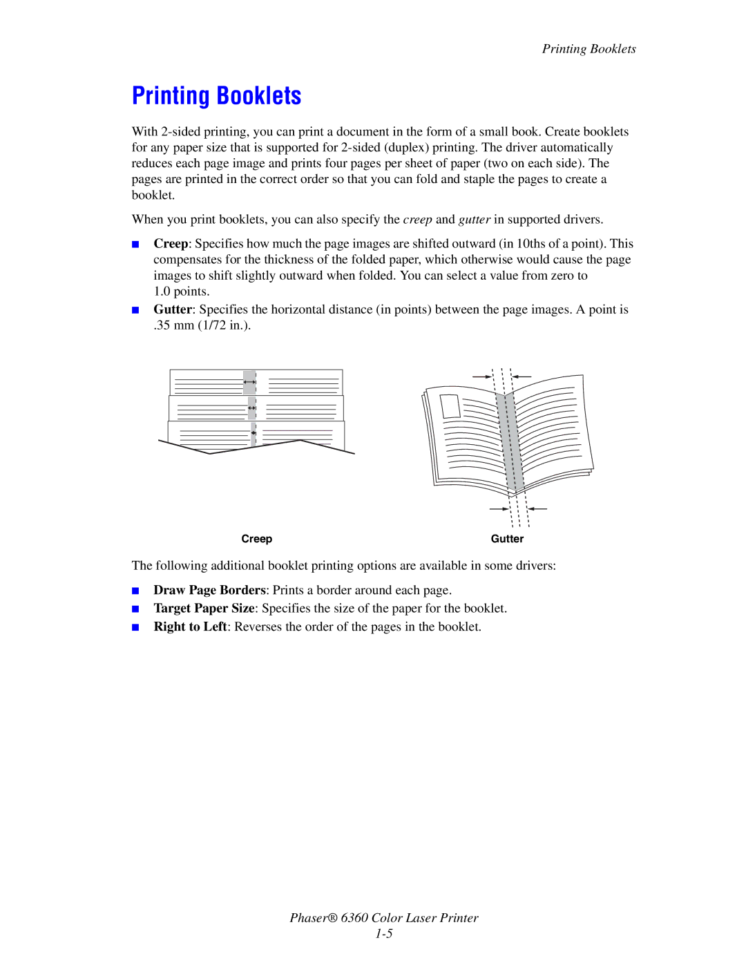 Xerox 6360 manual Printing Booklets, Creep Gutter 