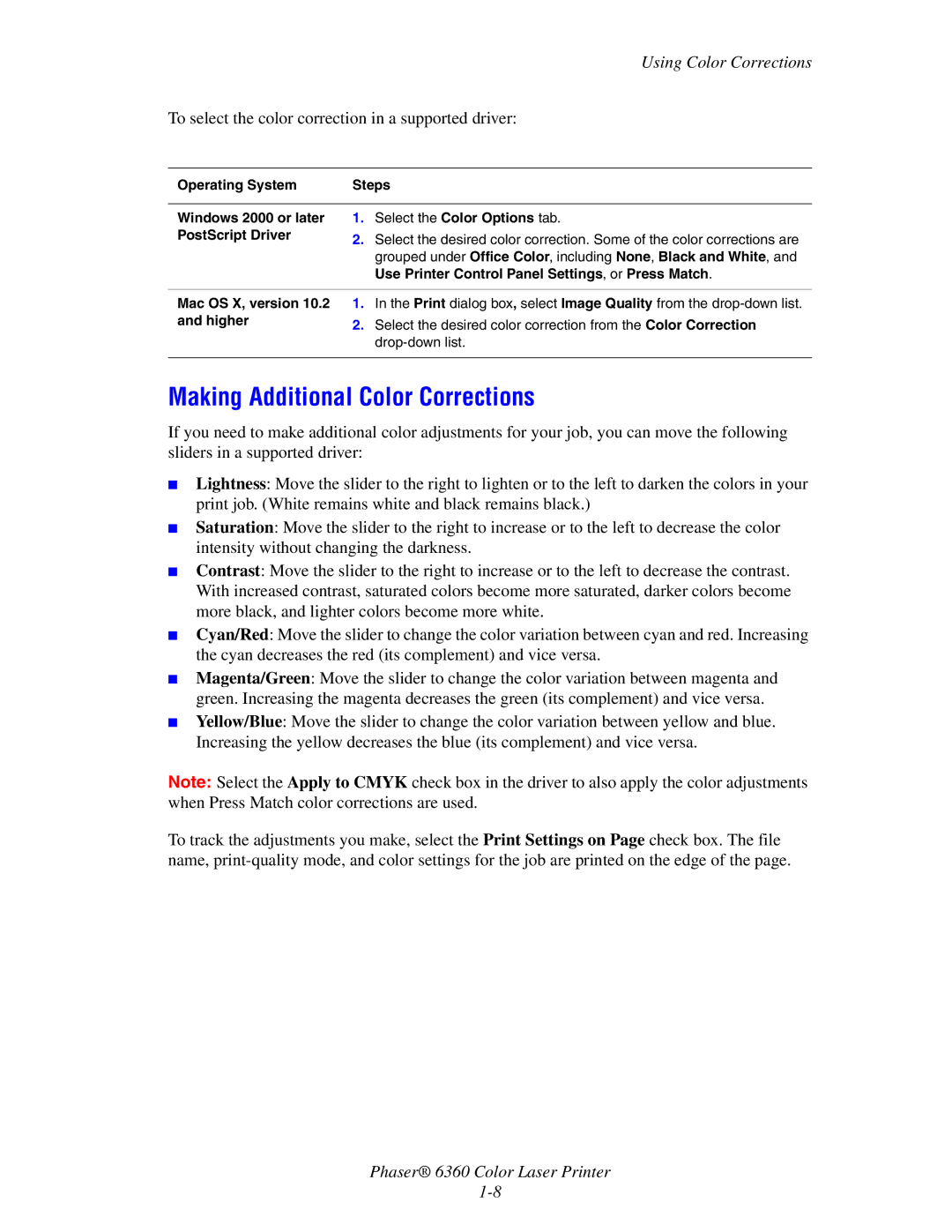 Xerox 6360 manual Making Additional Color Corrections, Mac OS X, version 10.2 