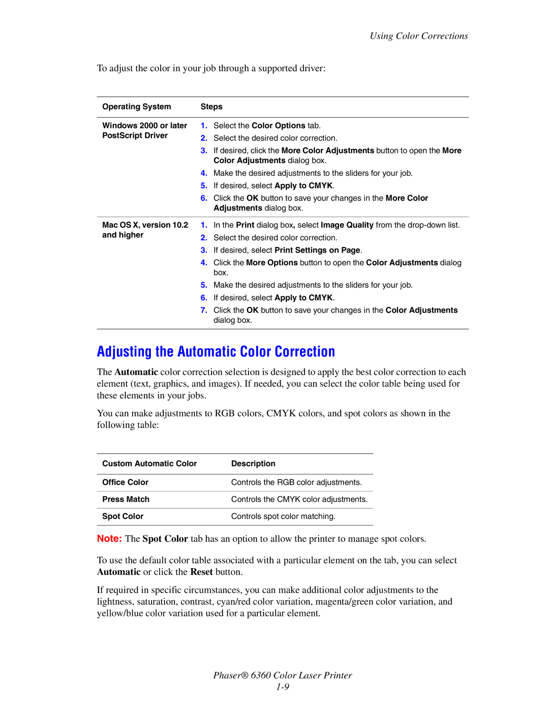 Xerox 6360 manual Adjusting the Automatic Color Correction 