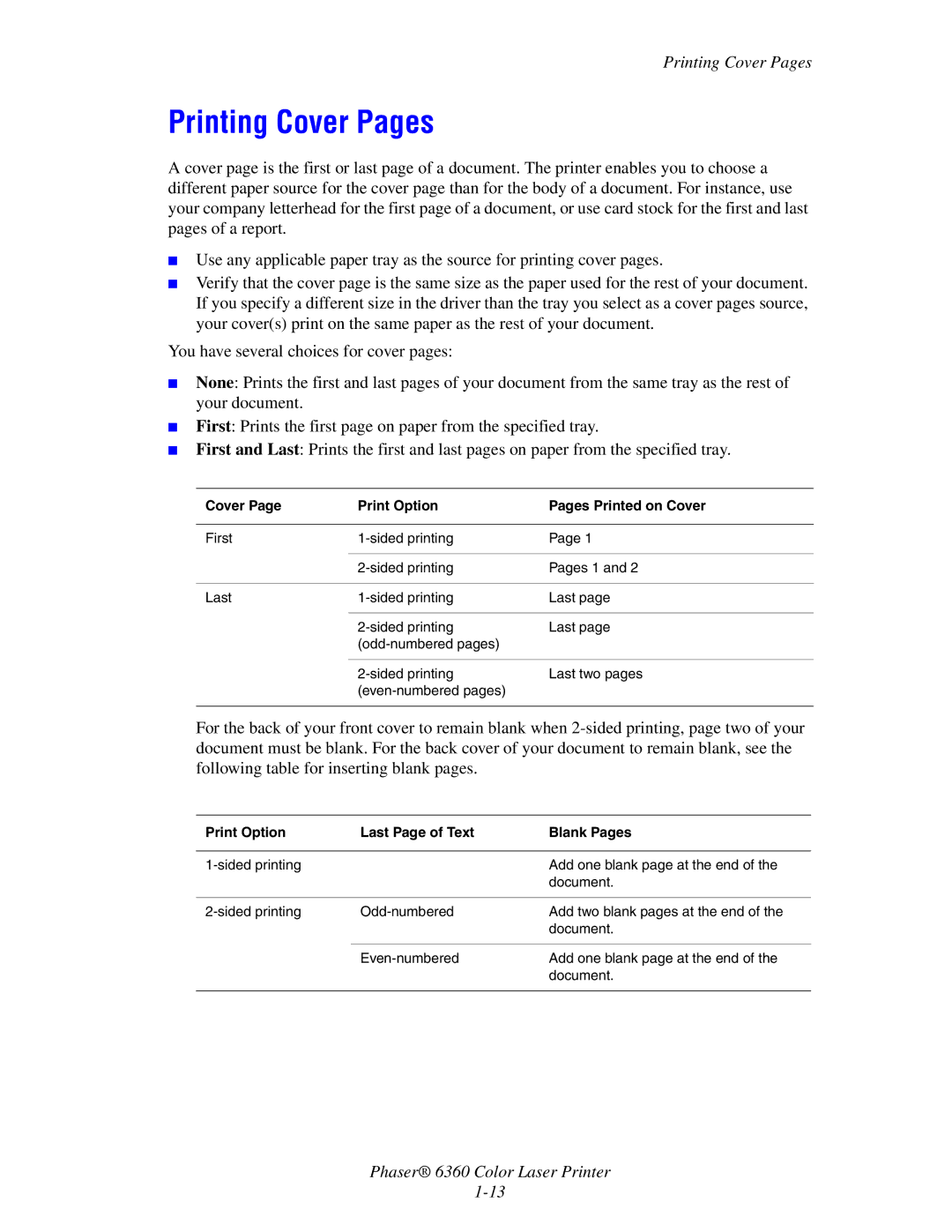 Xerox 6360 Printing Cover Pages, Cover Print Option Pages Printed on Cover, Print Option Last Page of Text Blank Pages 