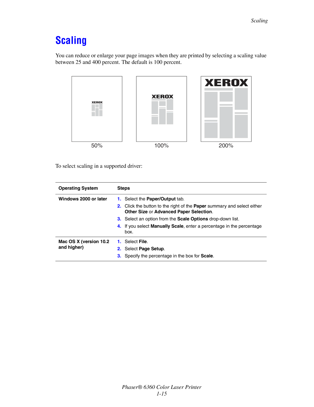 Xerox 6360 manual Scaling, Mac OS X version 10.2 Select File Higher Select Page Setup 