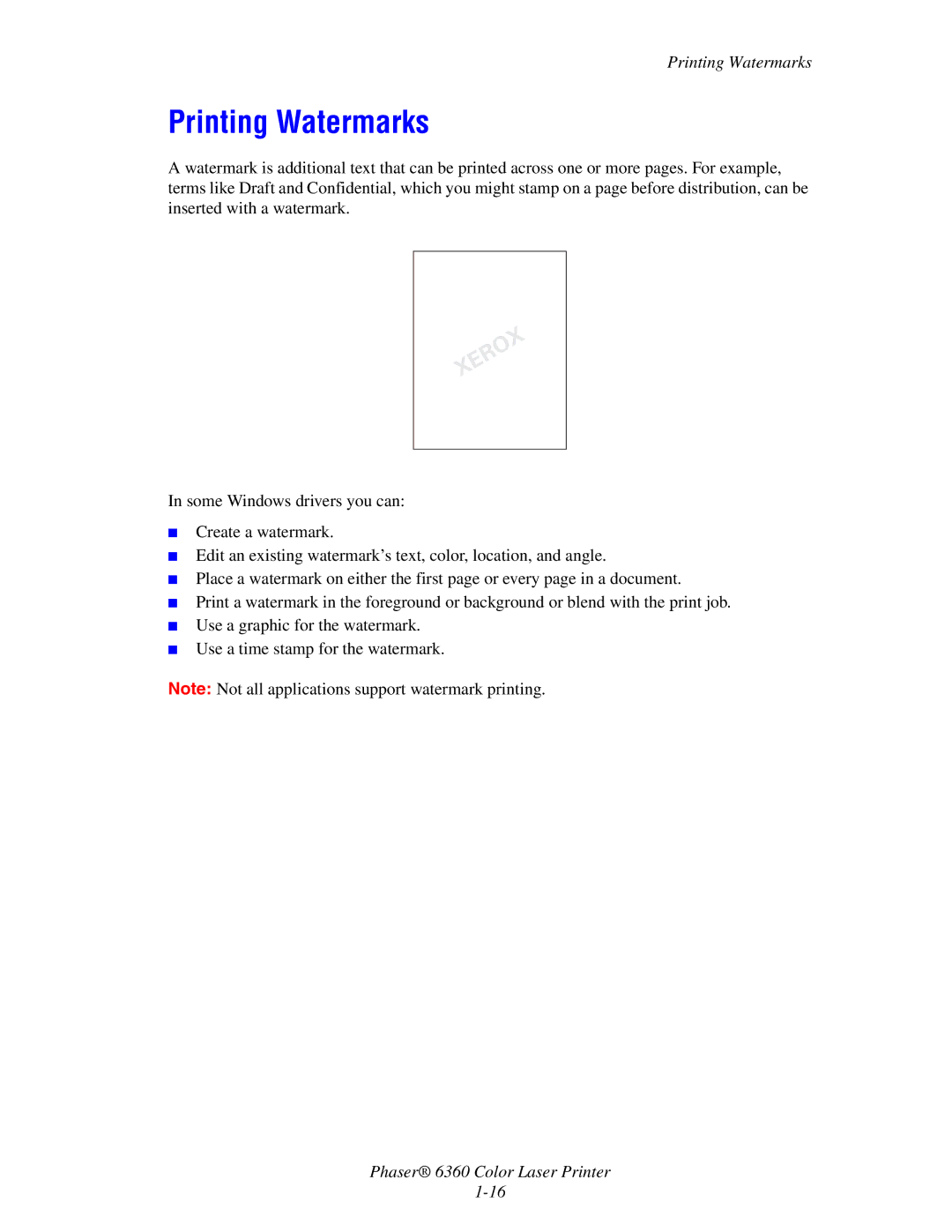 Xerox 6360 manual Printing Watermarks 