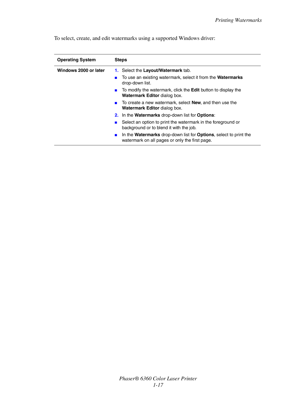 Xerox 6360 manual Watermark Editor dialog box 