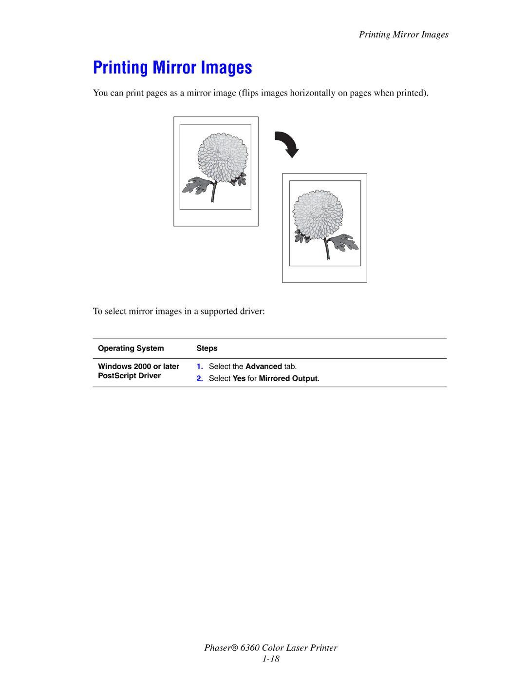 Xerox 6360 manual Printing Mirror Images 