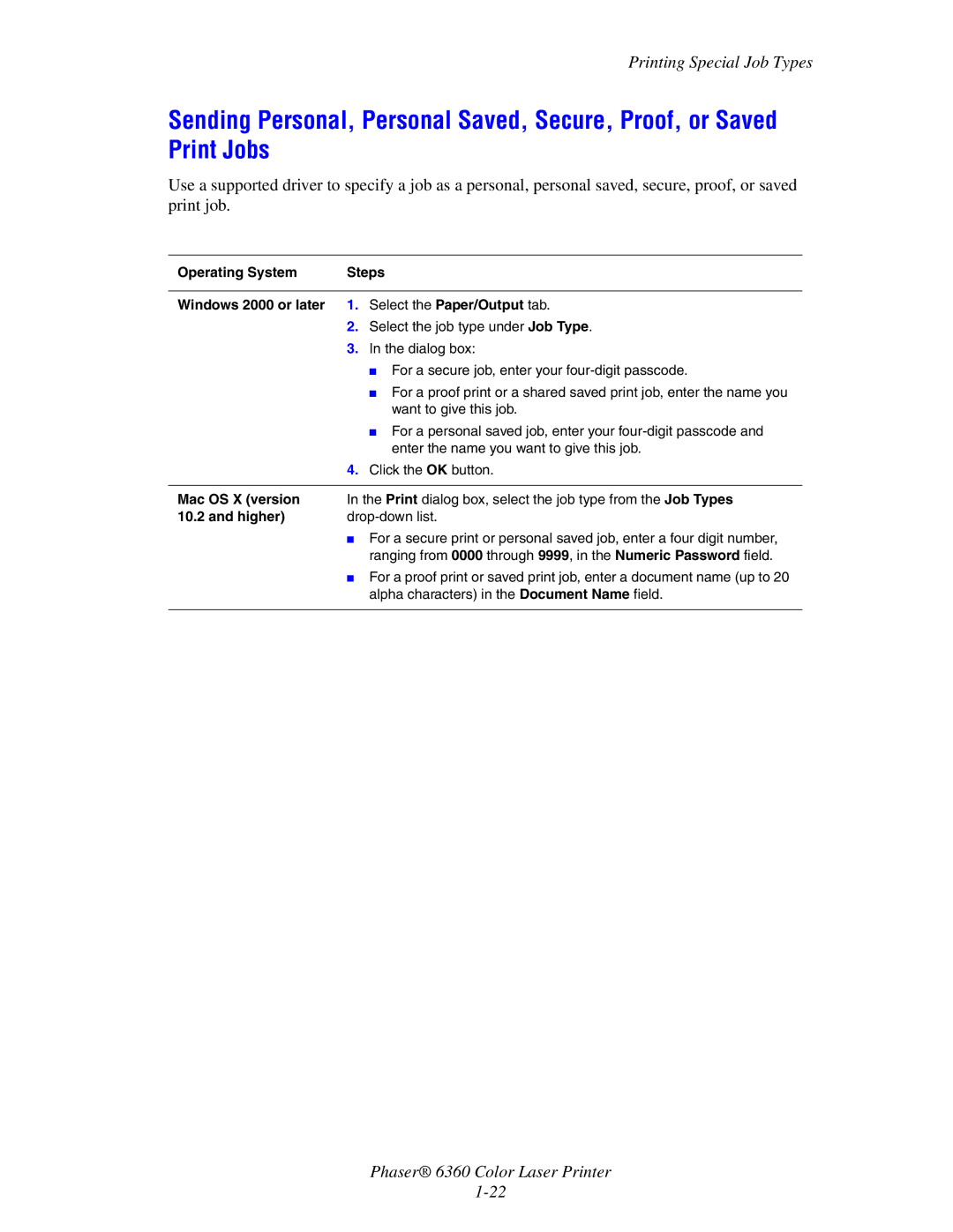 Xerox 6360 manual Select the job type under Job Type 