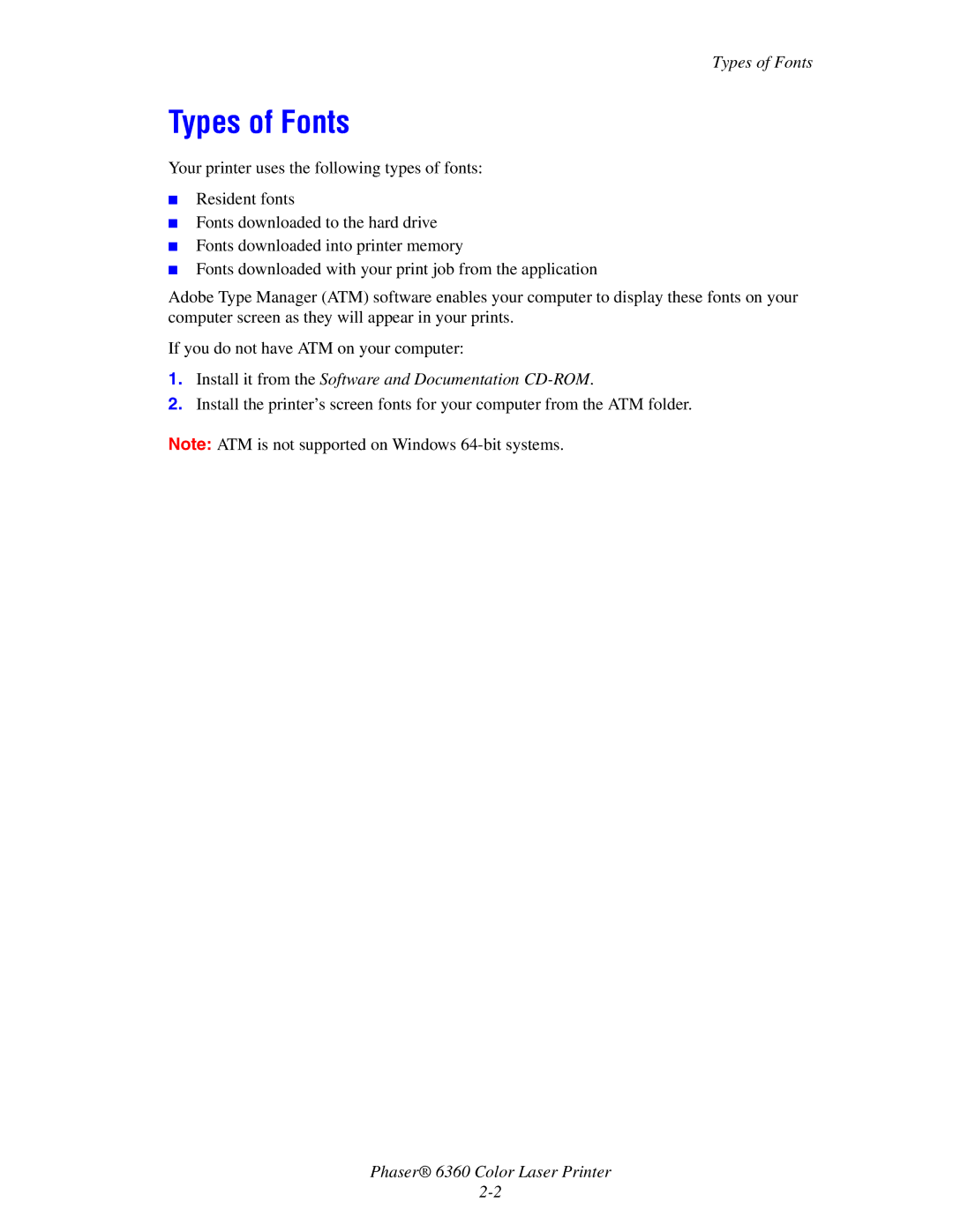 Xerox 6360 manual Types of Fonts 