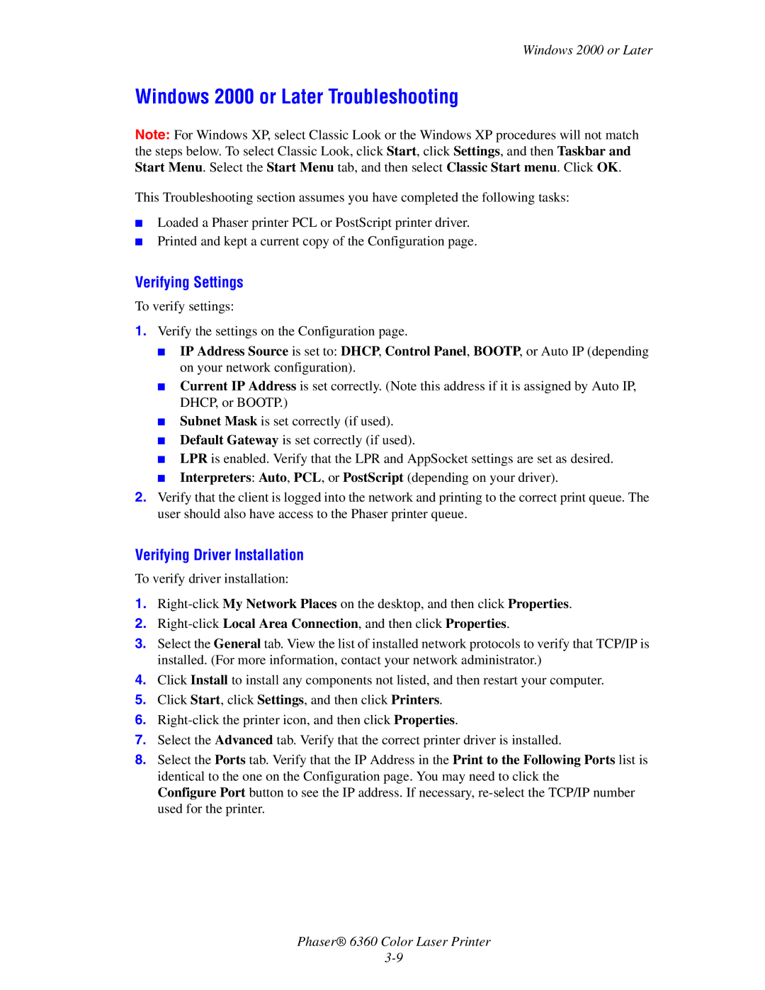 Xerox 6360 manual Windows 2000 or Later Troubleshooting, Verifying Settings, Verifying Driver Installation 