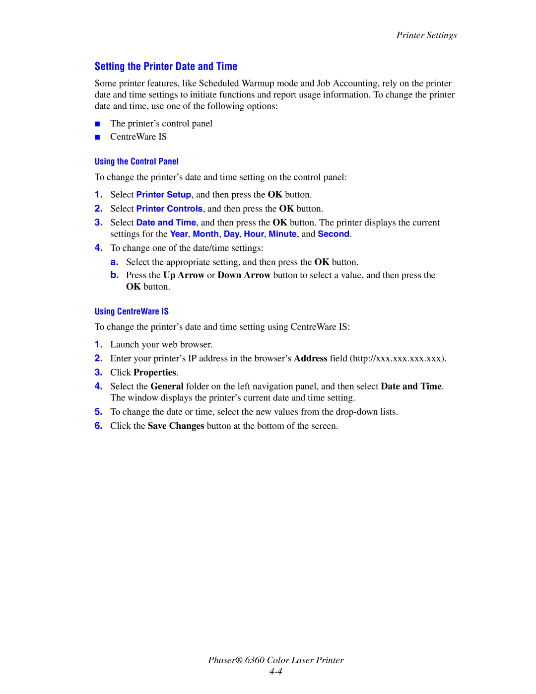 Xerox 6360 manual Setting the Printer Date and Time 