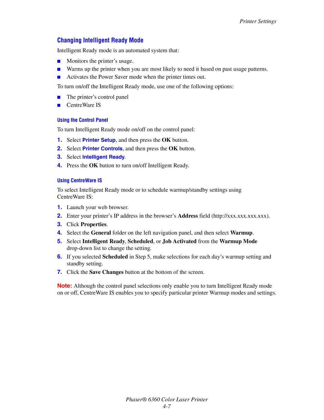 Xerox 6360 manual Changing Intelligent Ready Mode 