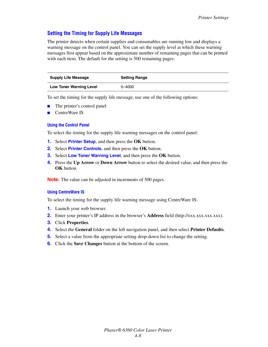 Xerox 6360 manual Setting the Timing for Supply Life Messages 