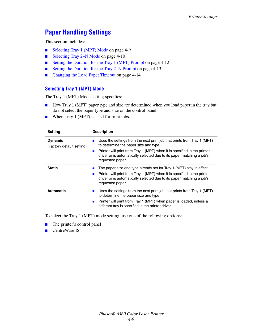 Xerox 6360 manual Paper Handling Settings, Selecting Tray 1 MPT Mode, SettingDescription Dynamic, Static 