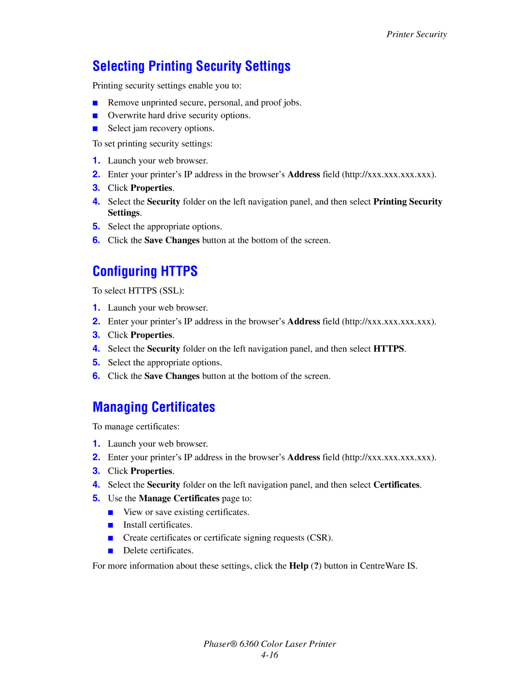 Xerox 6360 manual Selecting Printing Security Settings, Configuring Https, Managing Certificates 