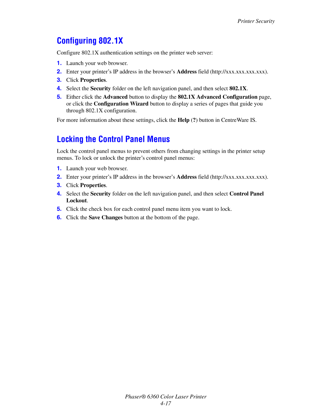 Xerox 6360 manual Configuring, Locking the Control Panel Menus 