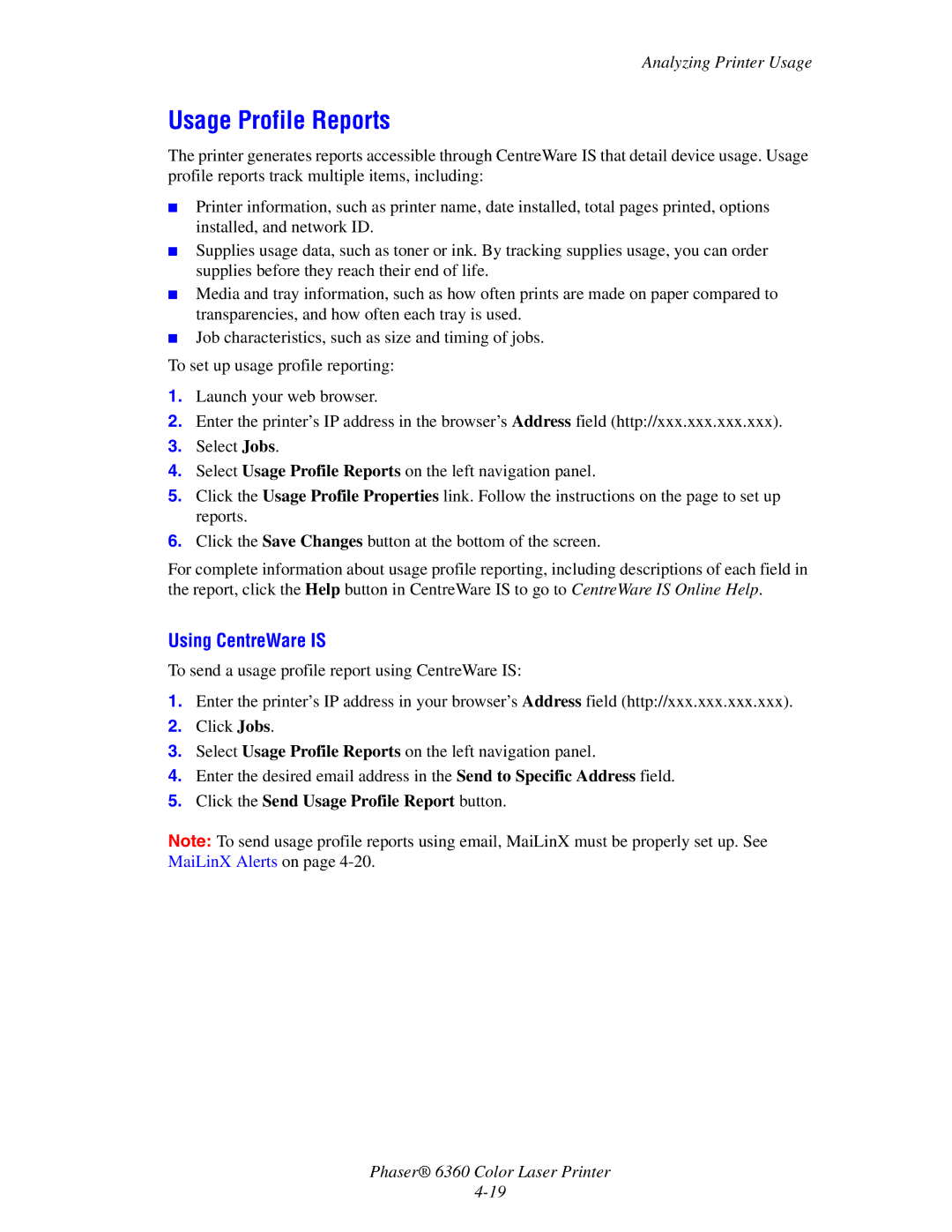 Xerox 6360 manual Usage Profile Reports 