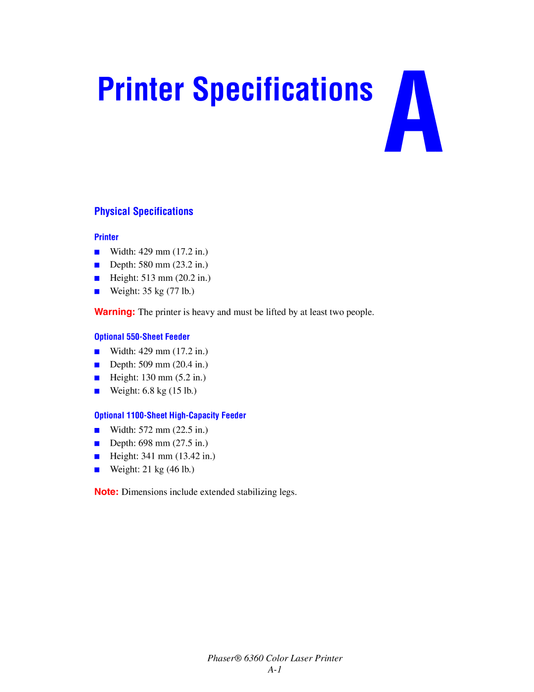 Xerox 6360 manual Printer Specifications, Physical Specifications 