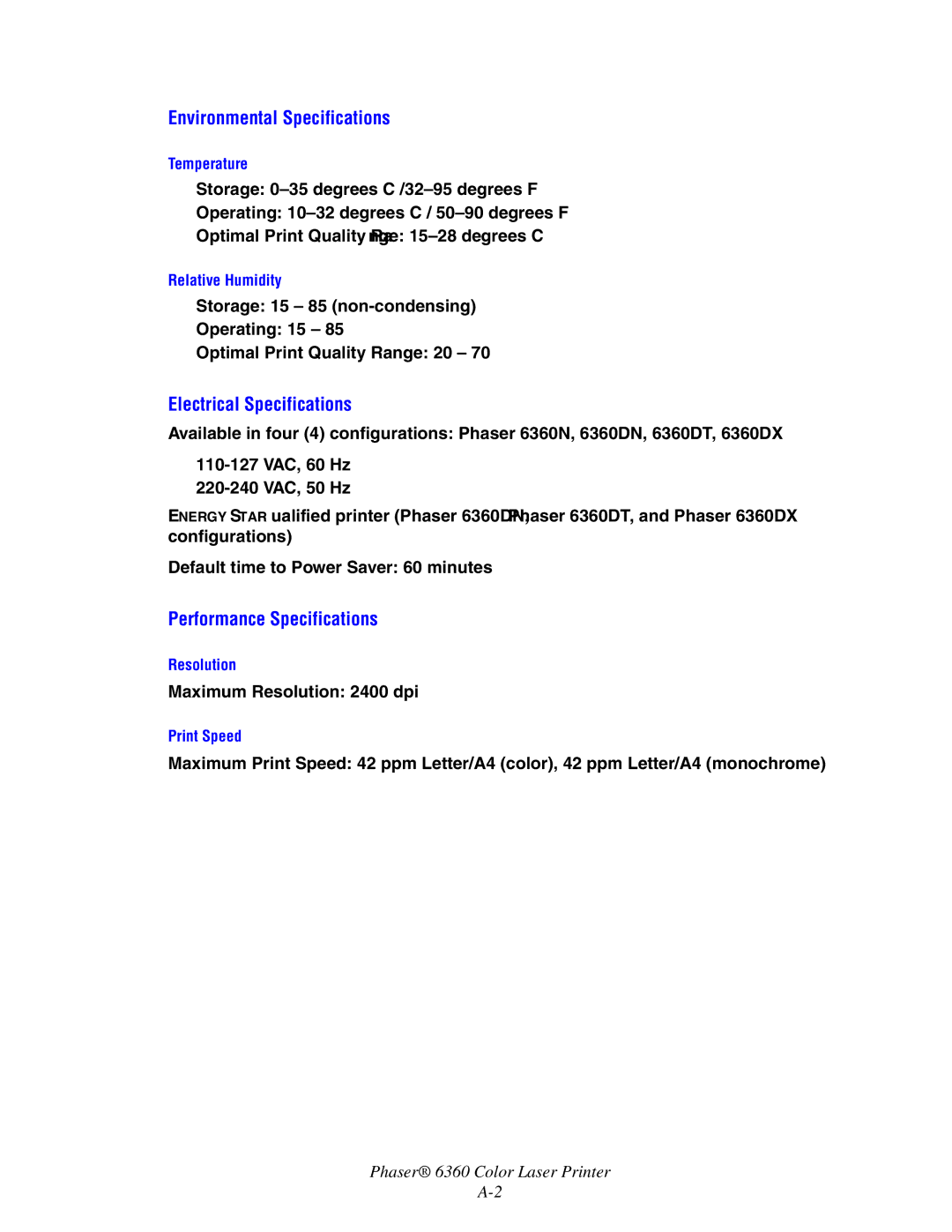 Xerox 6360 manual Environmental Specifications, Electrical Specifications, Performance Specifications 