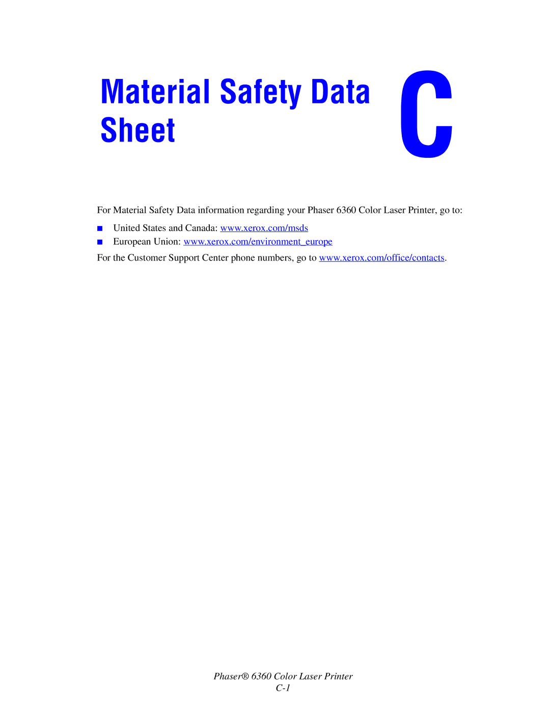 Xerox 6360 manual Material Safety Data Sheet 