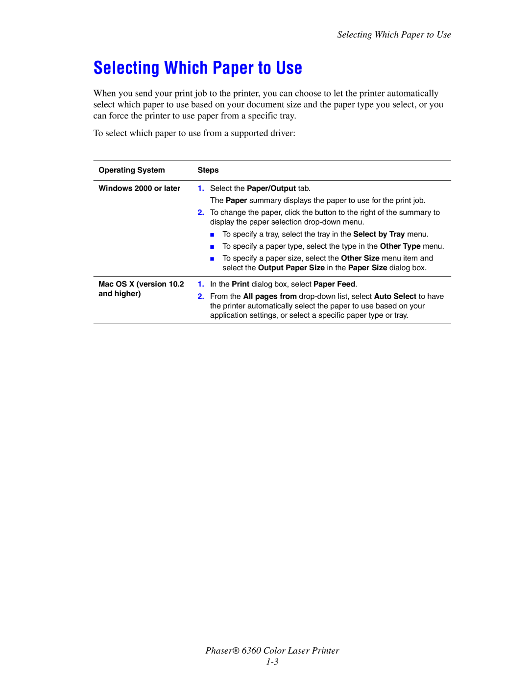 Xerox 6360 manual Selecting Which Paper to Use, Operating System Steps Windows 2000 or later, Mac OS X version, Higher 