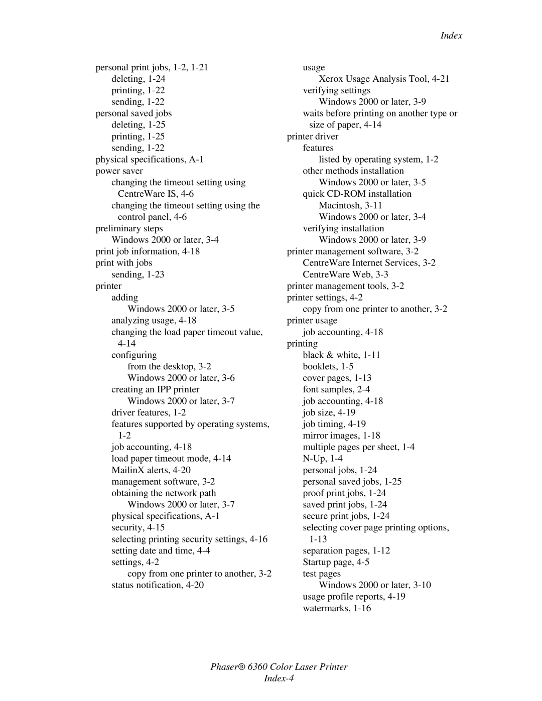 Xerox manual Phaser 6360 Color Laser Printer Index-4 