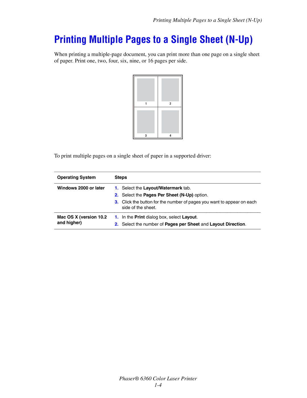 Xerox 6360 manual Printing Multiple Pages to a Single Sheet N-Up, Side of the sheet 