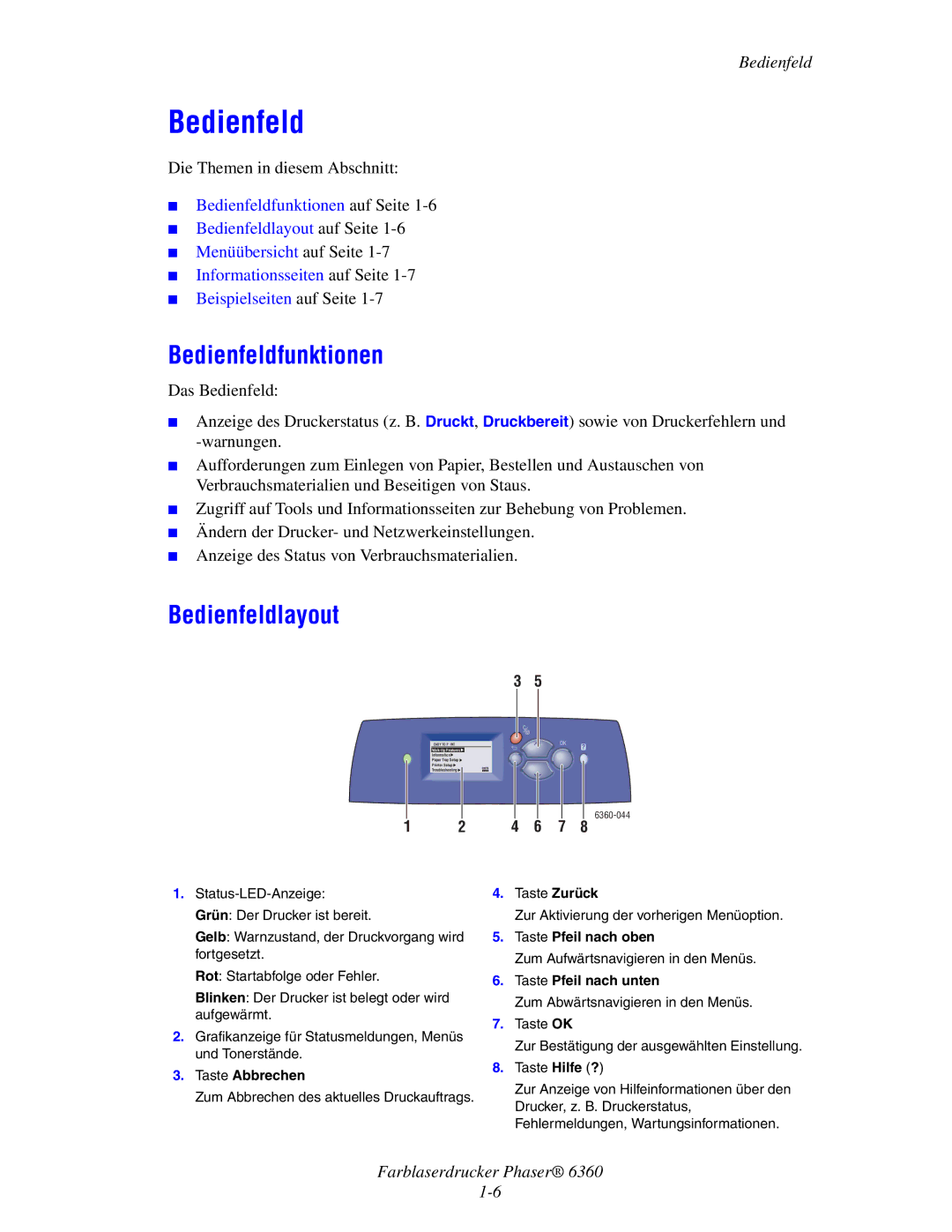 Xerox 6360 manual Bedienfeldfunktionen, Bedienfeldlayout 