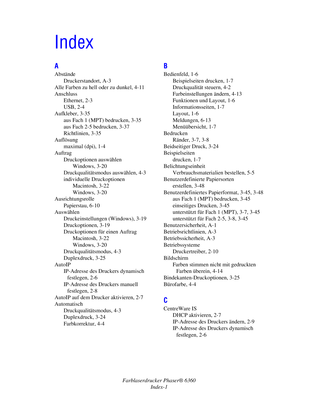 Xerox 6360 manual Index 