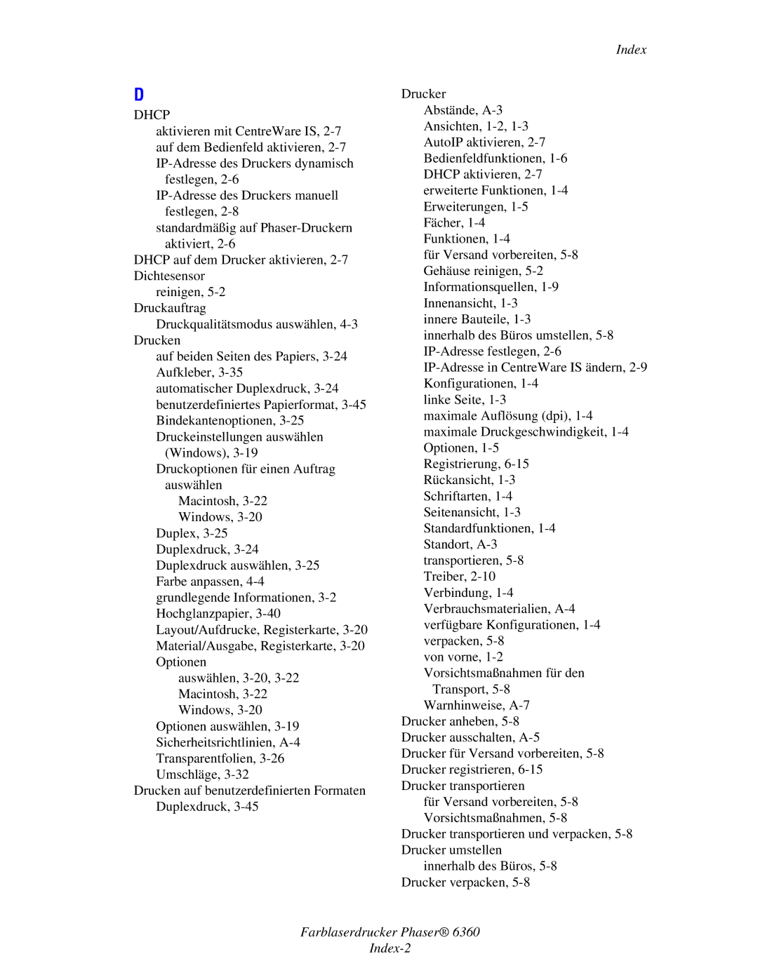 Xerox 6360 manual Index 