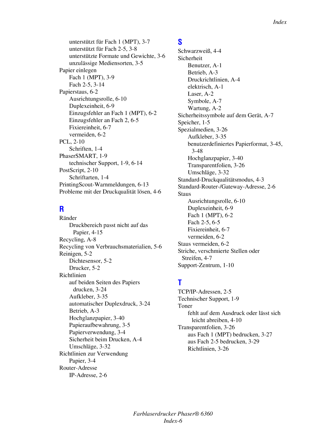 Xerox 6360 manual Farblaserdrucker Phaser Index-6 