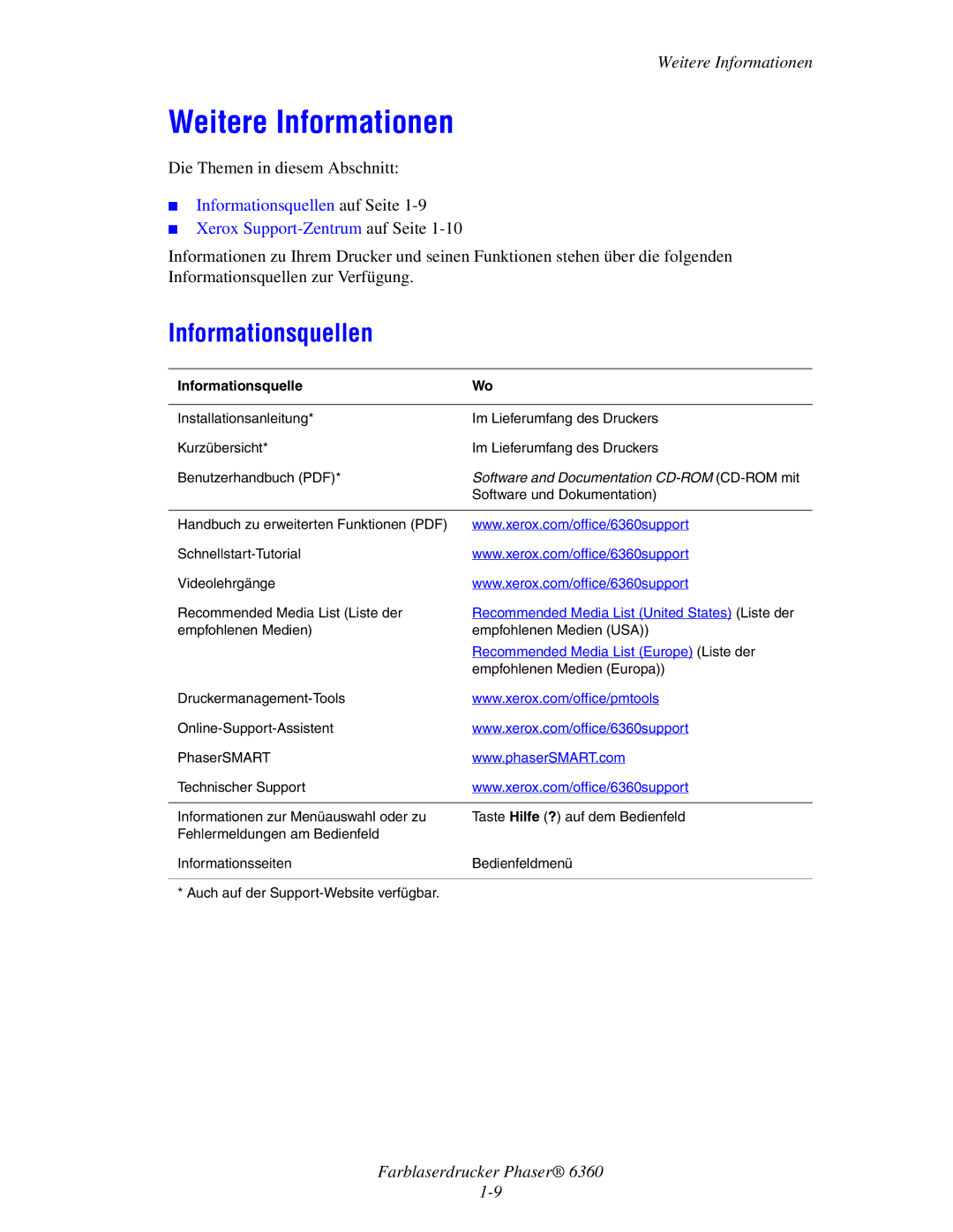 Xerox 6360 manual Weitere Informationen, Informationsquellen 