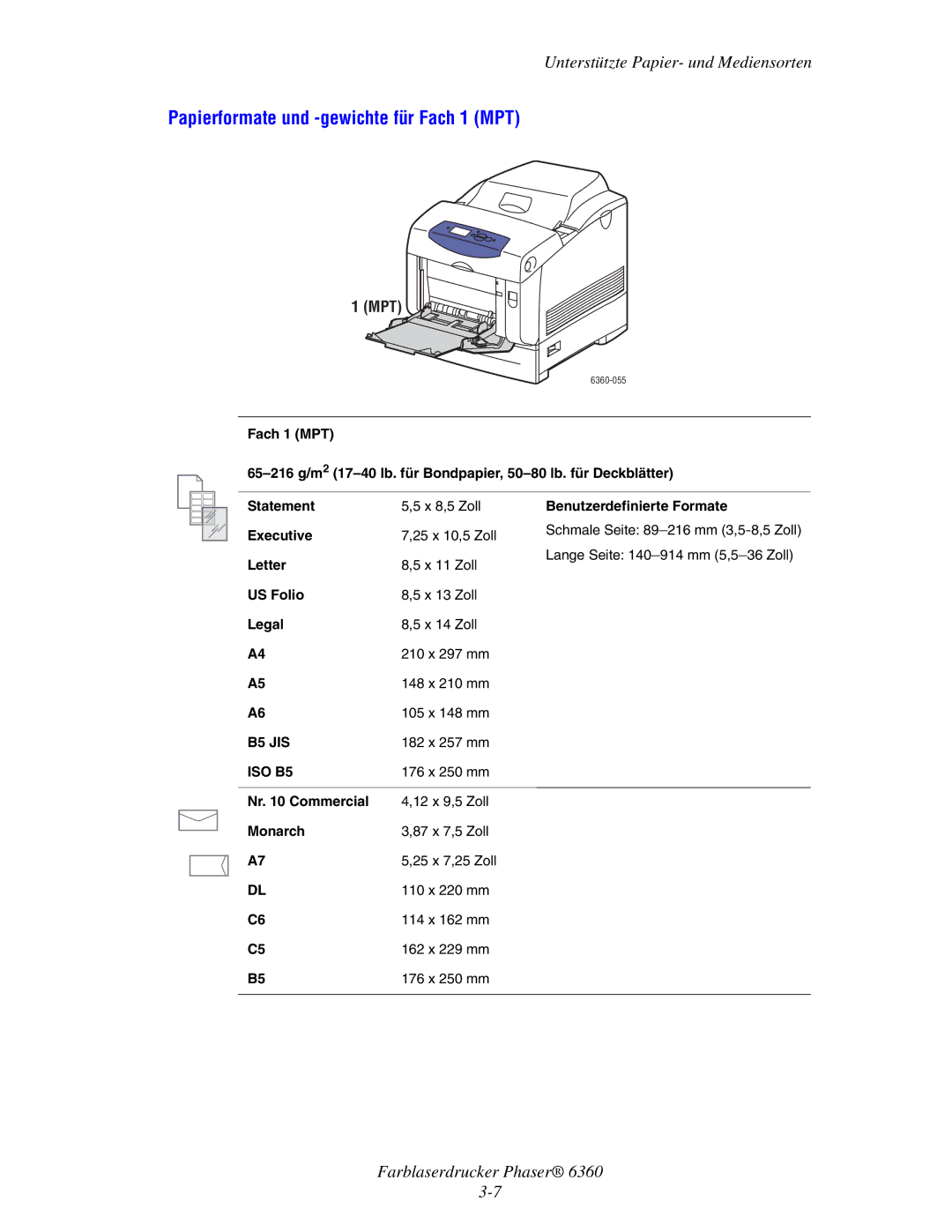 Xerox 6360 manual Papierformate und -gewichte für Fach 1 MPT 