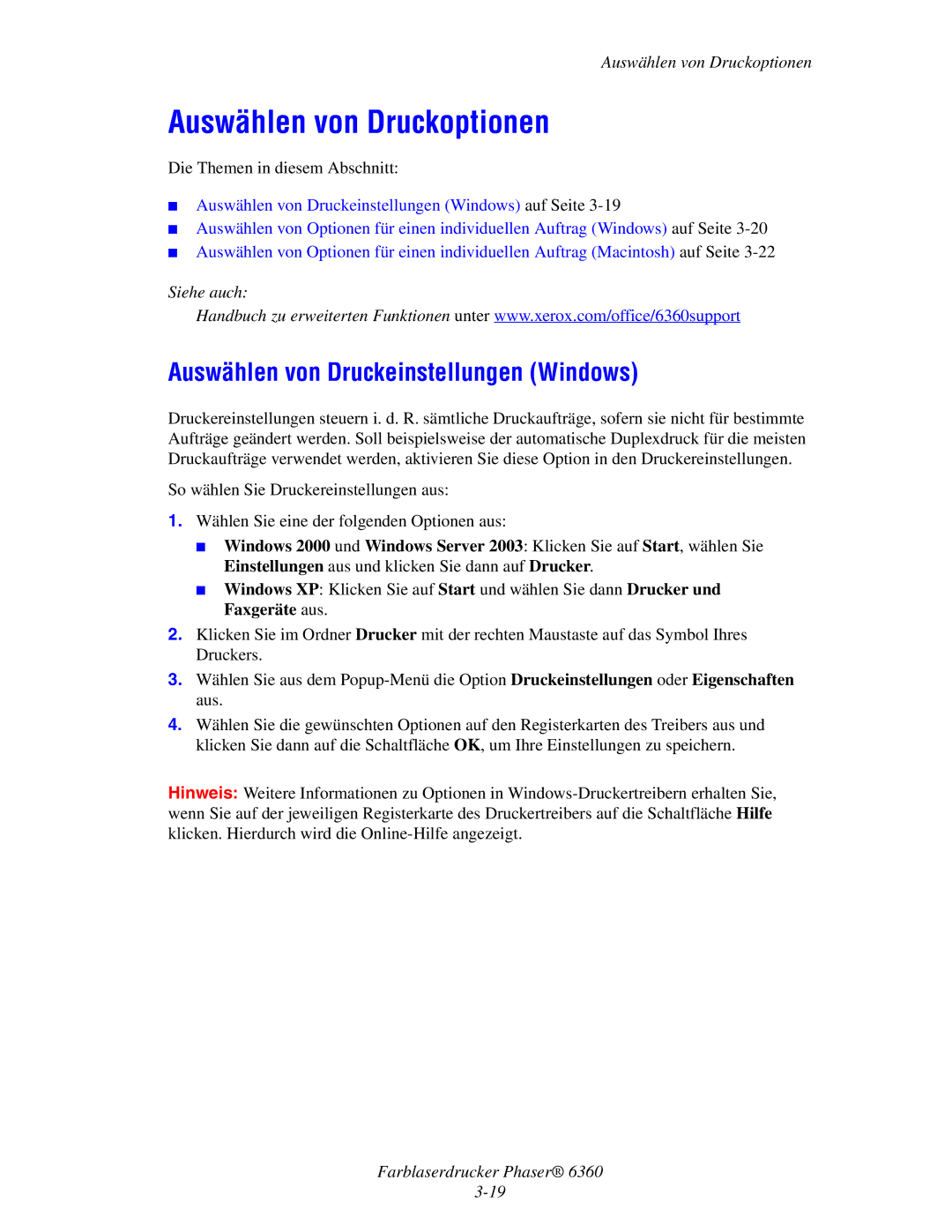 Xerox 6360 manual Auswählen von Druckoptionen, Auswählen von Druckeinstellungen Windows 