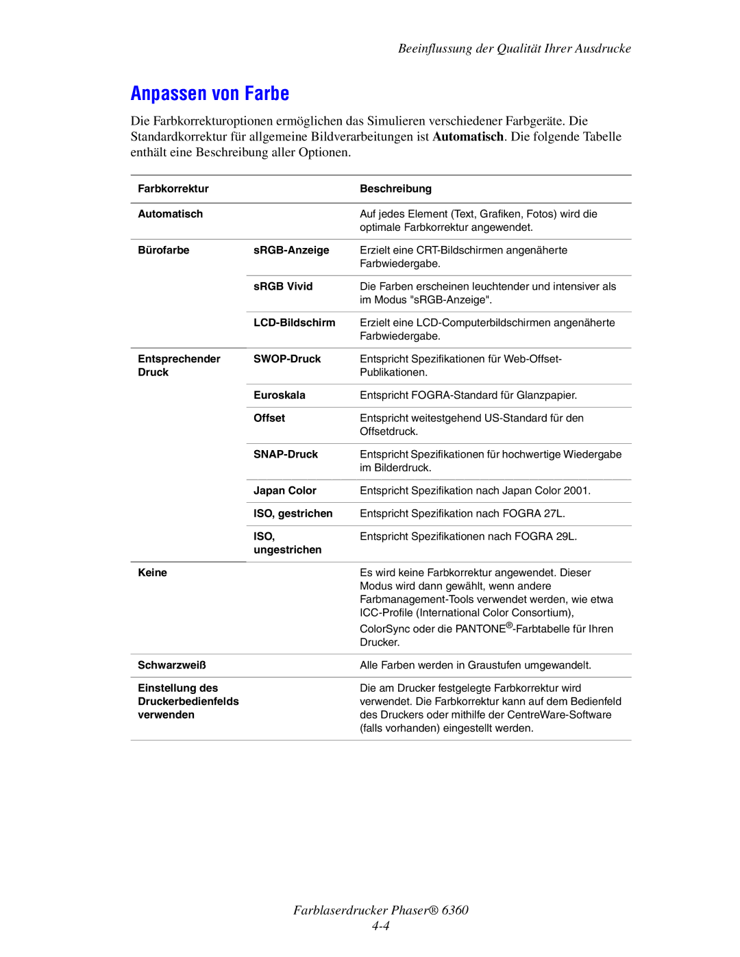 Xerox 6360 manual Anpassen von Farbe 