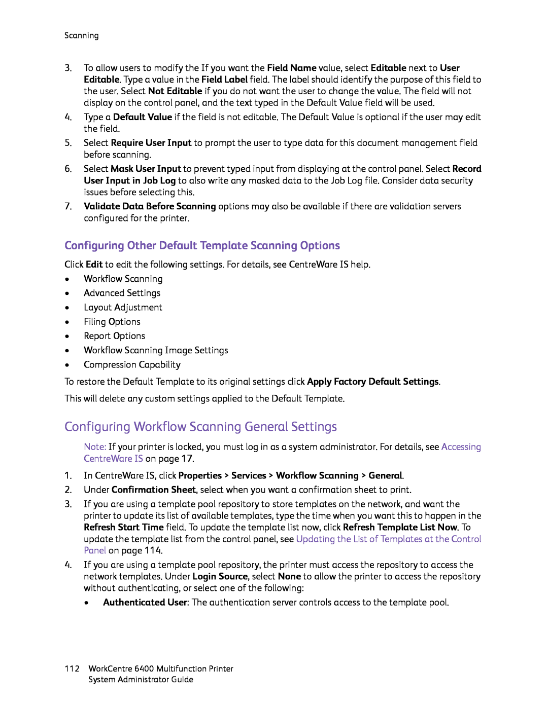 Xerox 6400 manual Configuring Workflow Scanning General Settings 