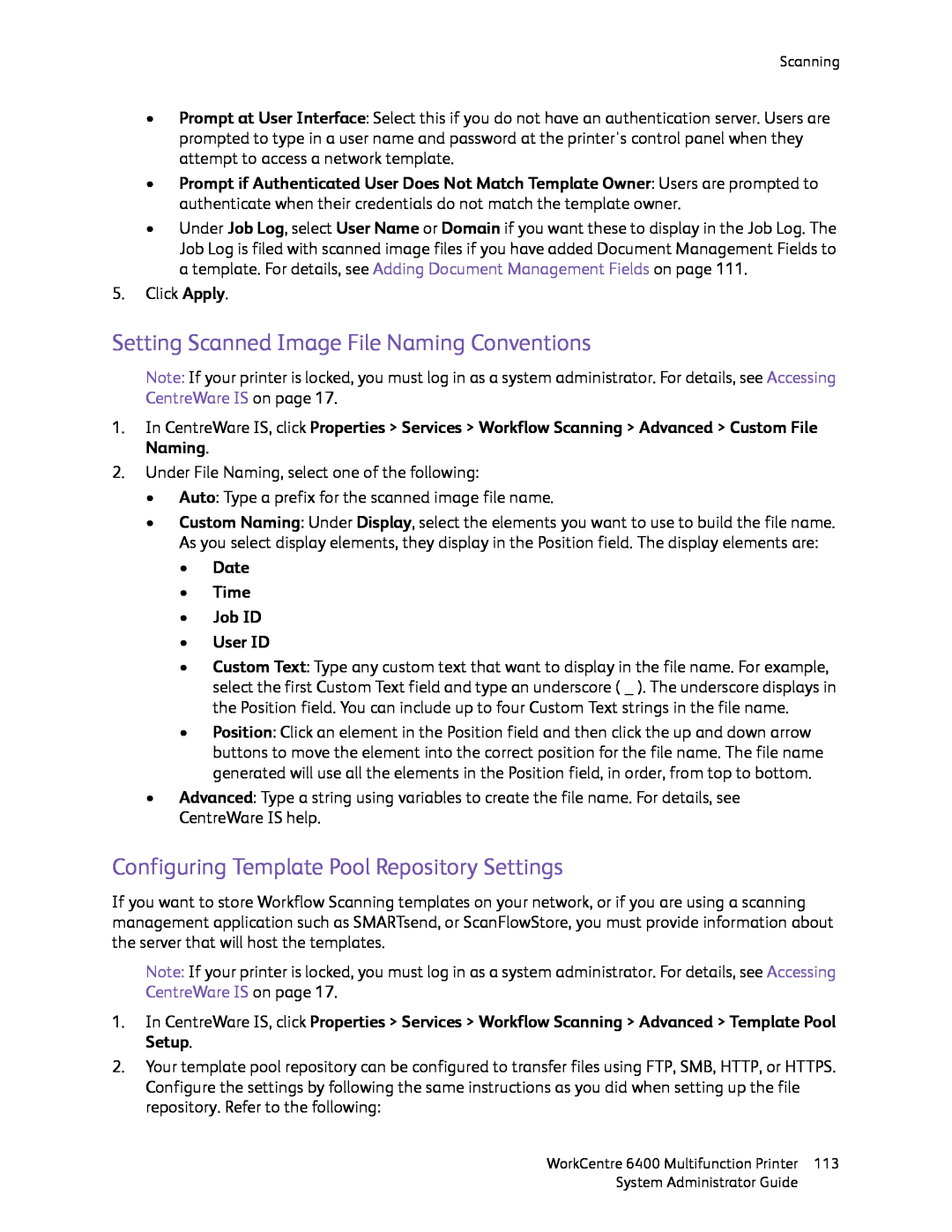 Xerox 6400 manual Setting Scanned Image File Naming Conventions, Configuring Template Pool Repository Settings 