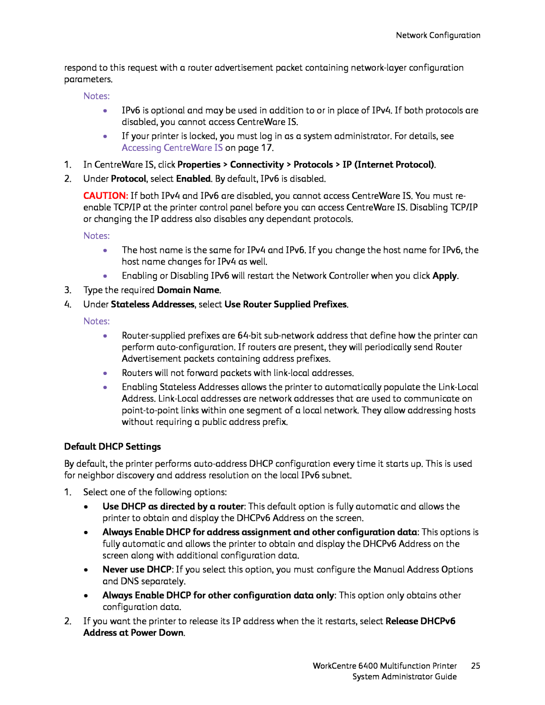 Xerox 6400 manual Notes, Default DHCP Settings 