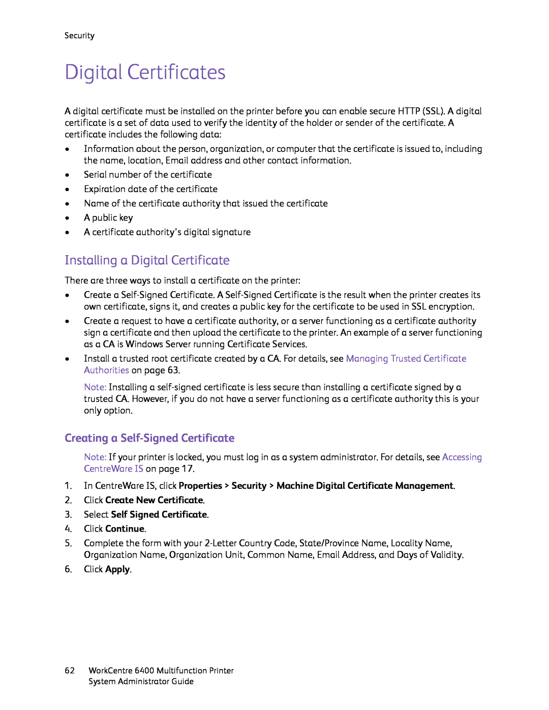 Xerox 6400 manual Digital Certificates, Installing a Digital Certificate 