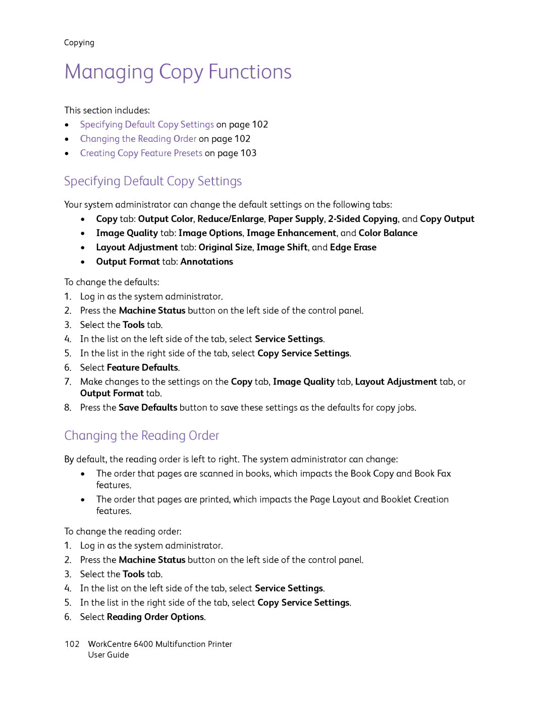 Xerox 6400 Managing Copy Functions, Specifying Default Copy Settings, Changing the Reading Order, Select Feature Defaults 