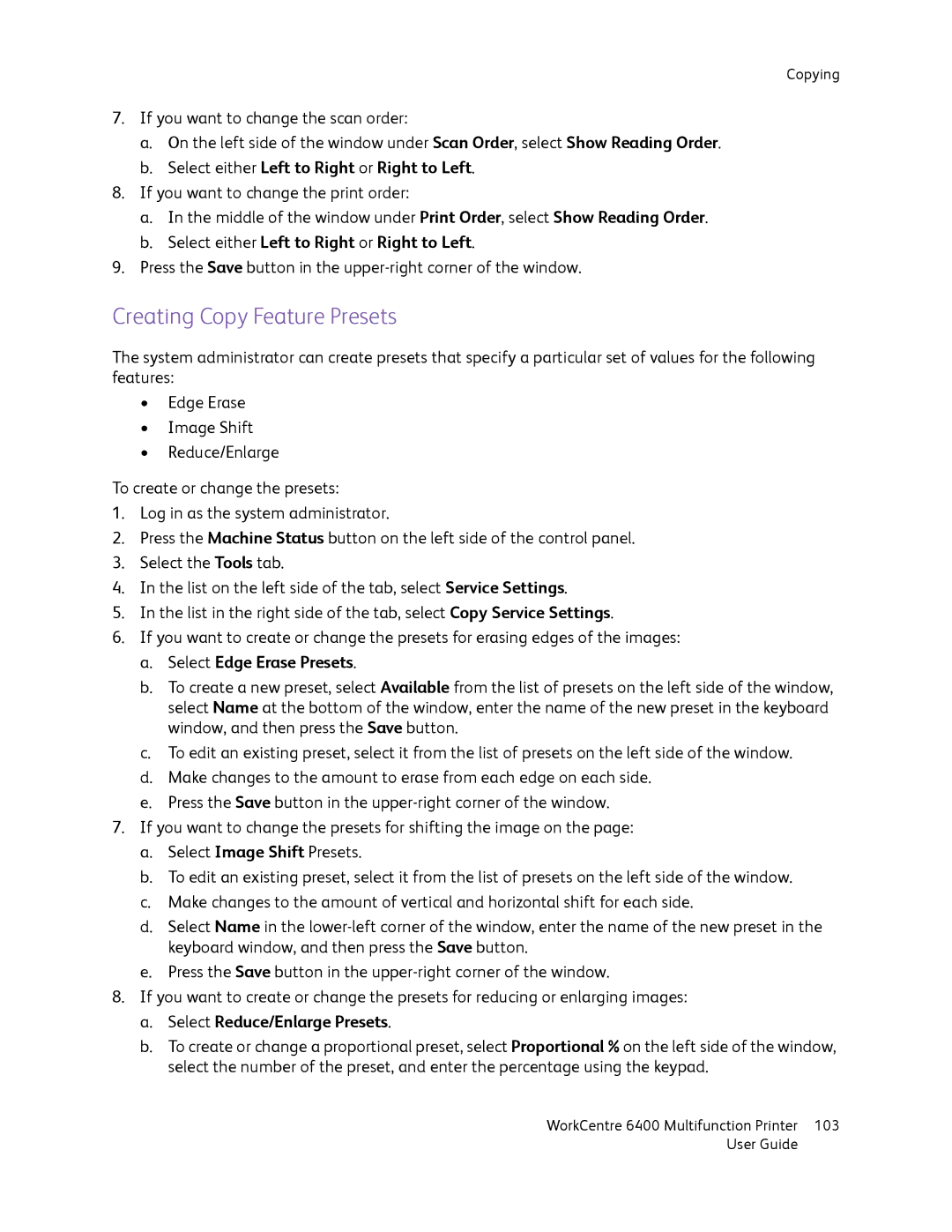 Xerox 6400 manual Creating Copy Feature Presets, Select either Left to Right or Right to Left, Select Edge Erase Presets 