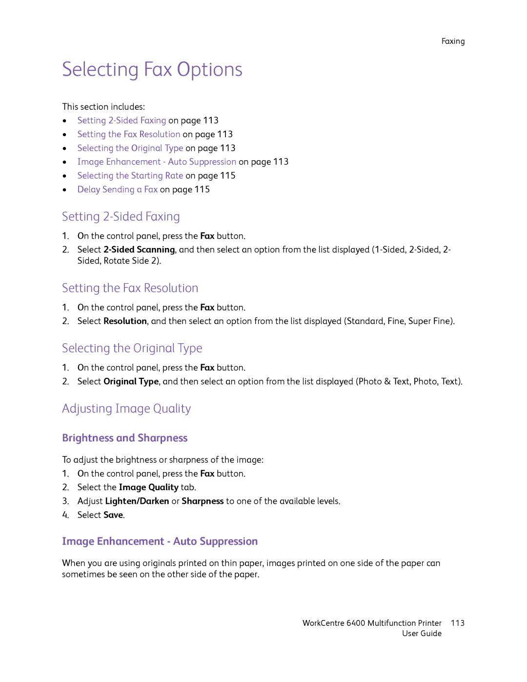 Xerox 6400 manual Selecting Fax Options, Setting 2-Sided Faxing, Setting the Fax Resolution, Selecting the Original Type 