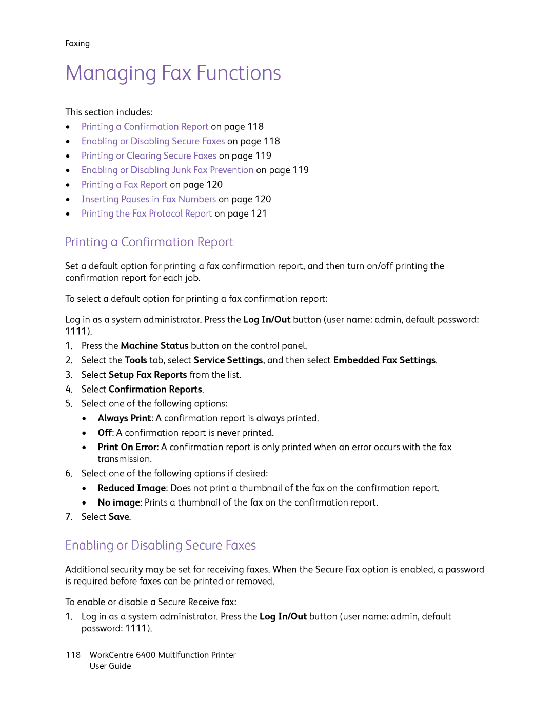 Xerox 6400 manual Managing Fax Functions, Printing a Confirmation Report, Enabling or Disabling Secure Faxes 