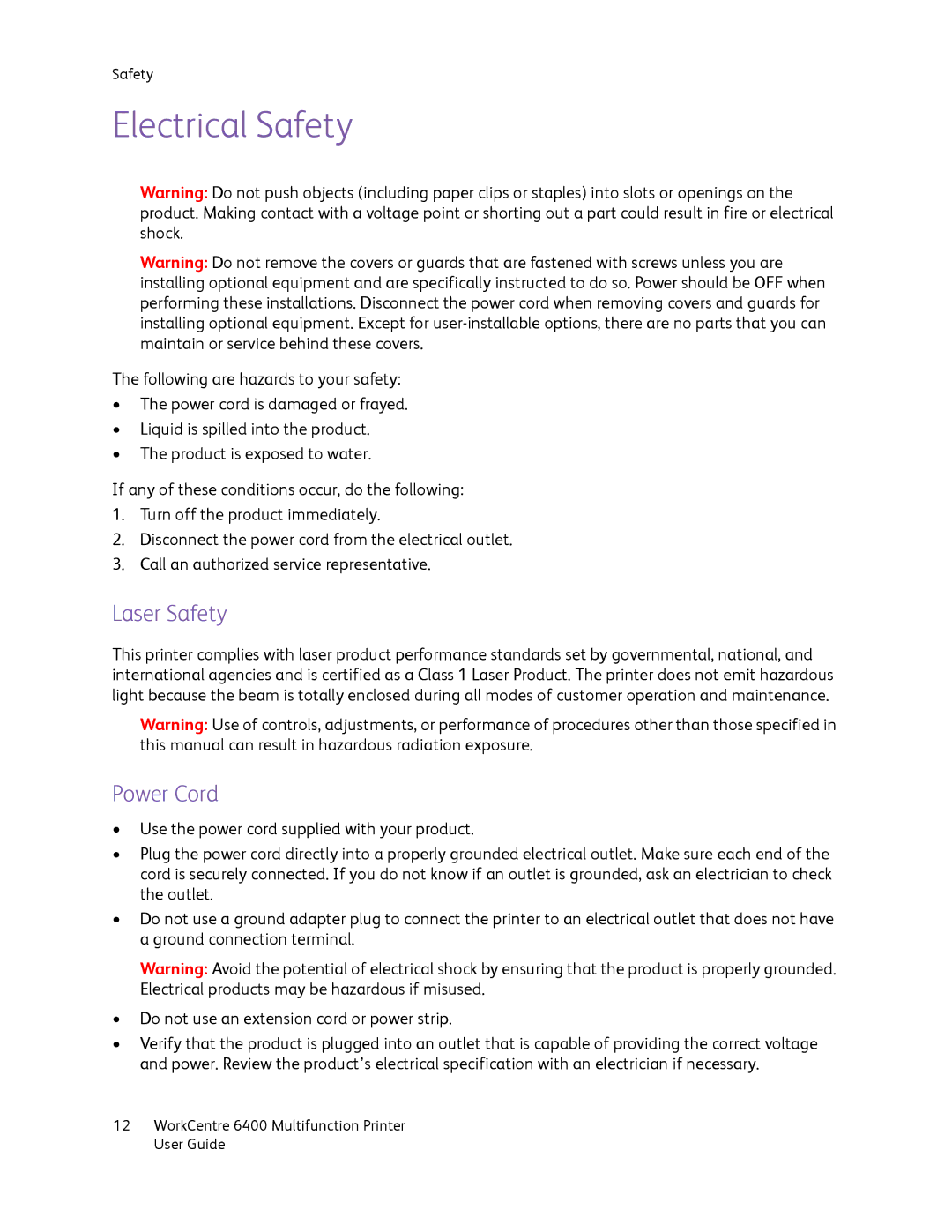 Xerox 6400 manual Electrical Safety, Laser Safety, Power Cord 