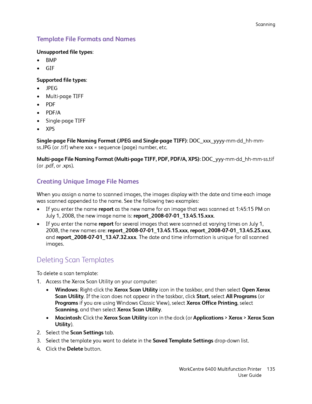 Xerox 6400 manual Deleting Scan Templates, Template File Formats and Names, Creating Unique Image File Names 