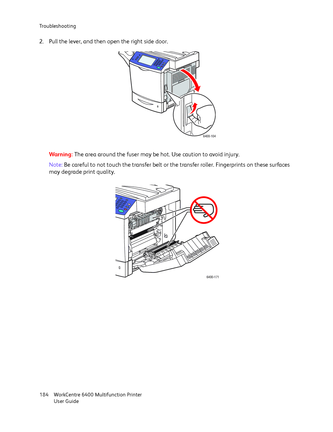 Xerox 6400 manual Pull the lever, and then open the right side door 