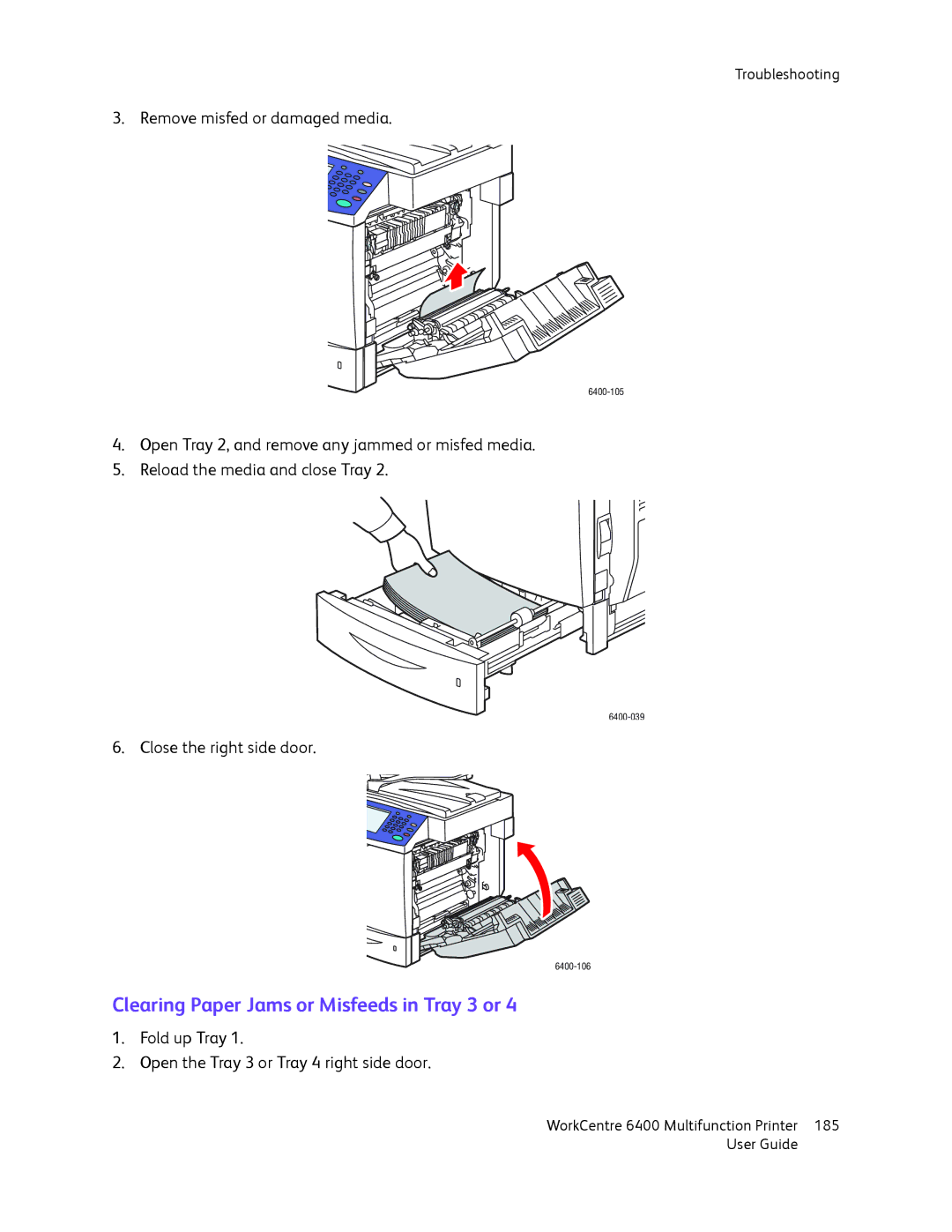 Xerox 6400 manual Clearing Paper Jams or Misfeeds in Tray 3 or 