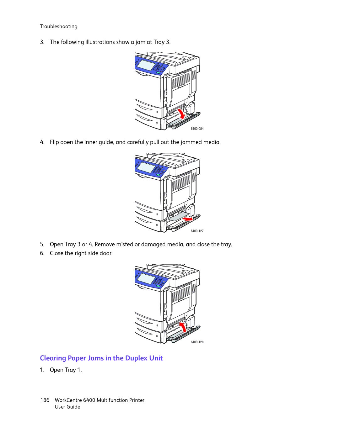 Xerox 6400 manual Clearing Paper Jams in the Duplex Unit 