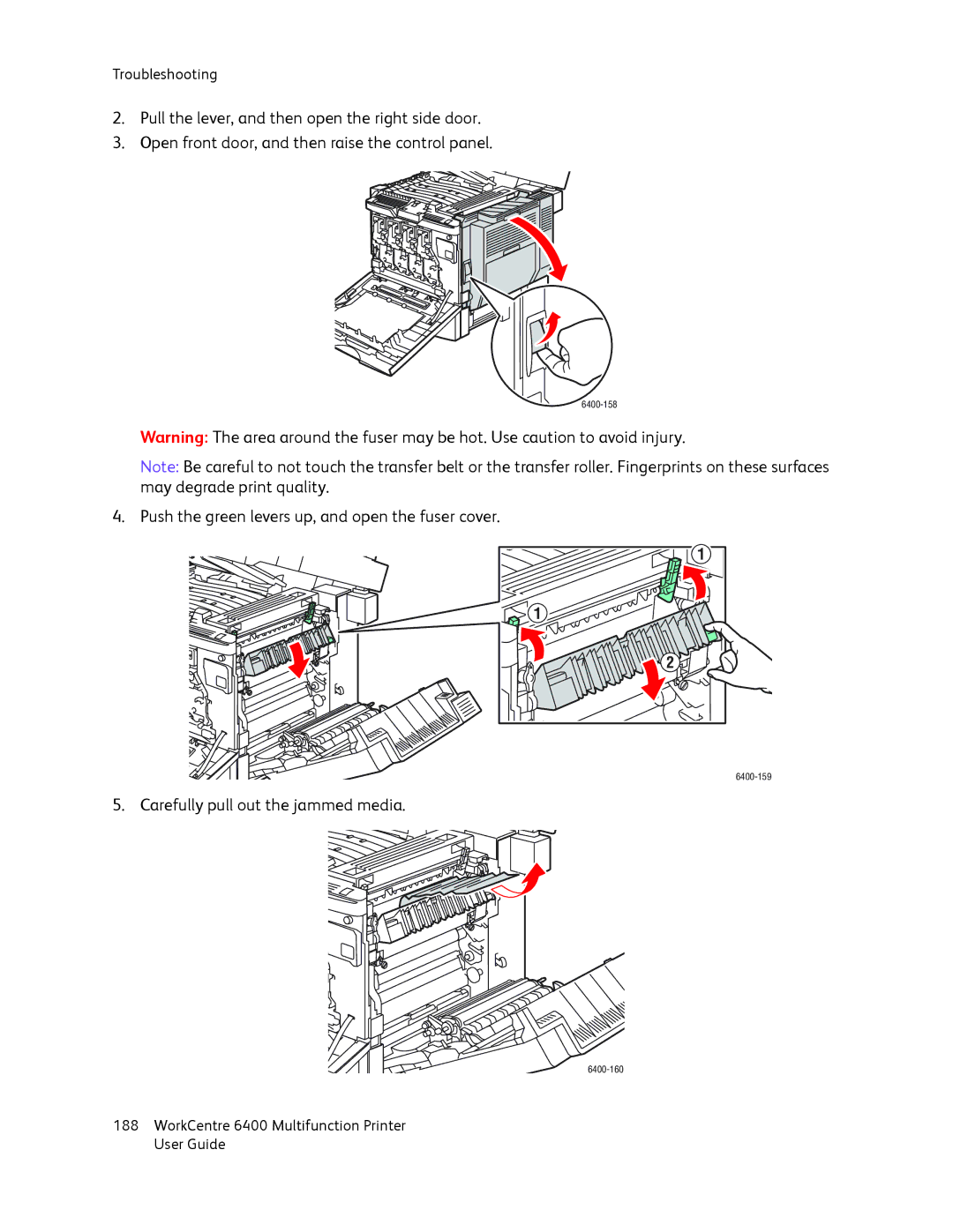 Xerox 6400 manual Push the green levers up, and open the fuser cover 