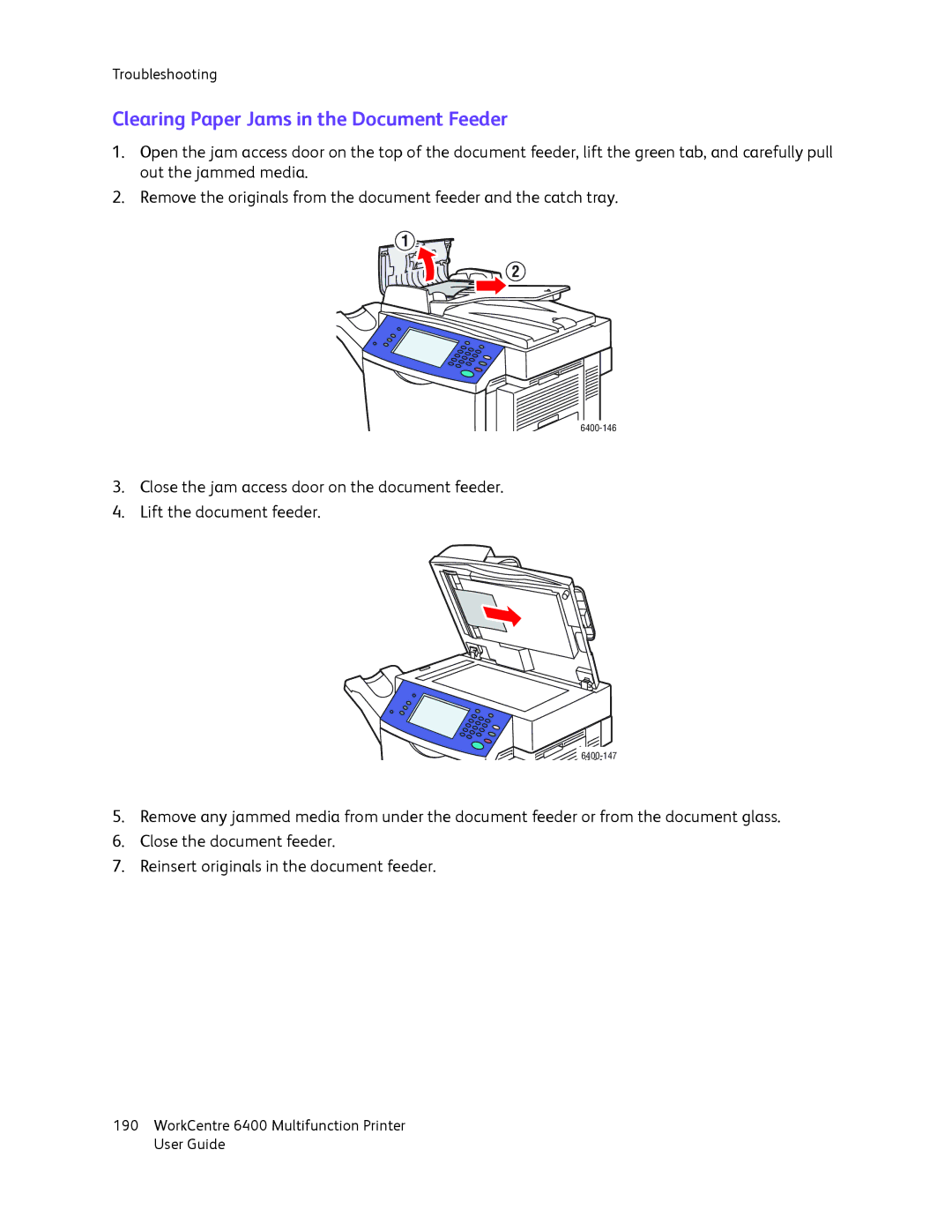 Xerox 6400 manual Clearing Paper Jams in the Document Feeder 