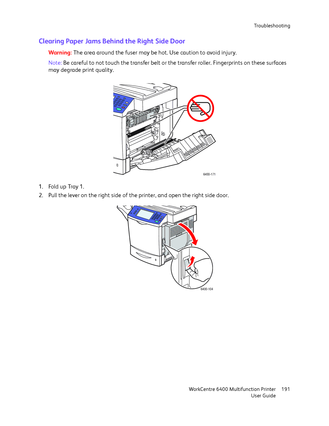 Xerox 6400 manual Clearing Paper Jams Behind the Right Side Door 