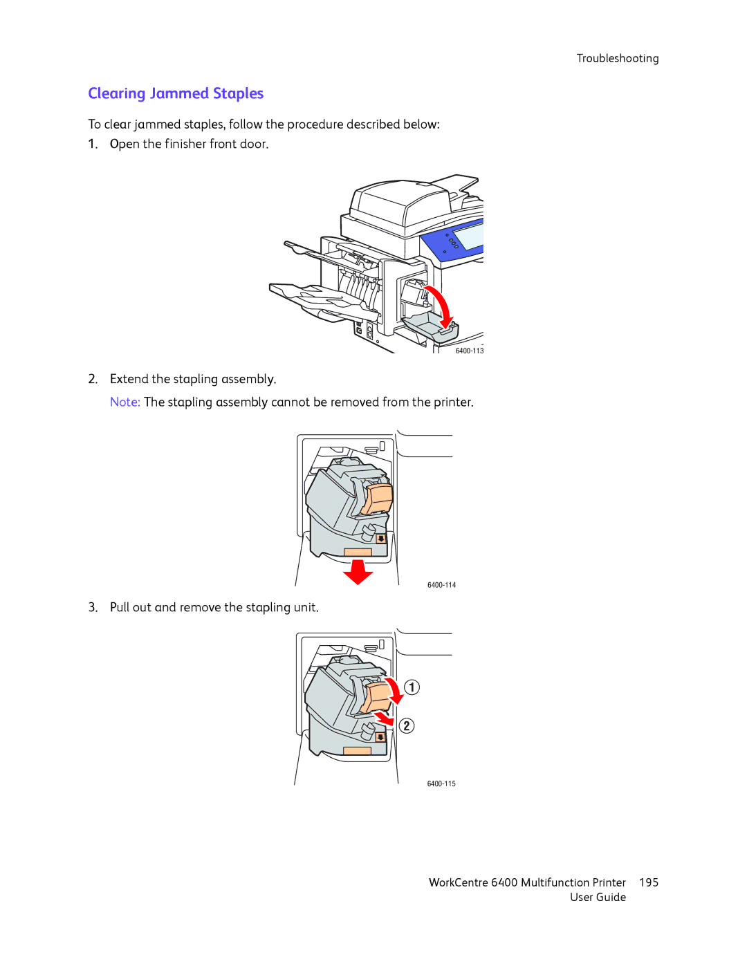 Xerox 6400 manual Clearing Jammed Staples 